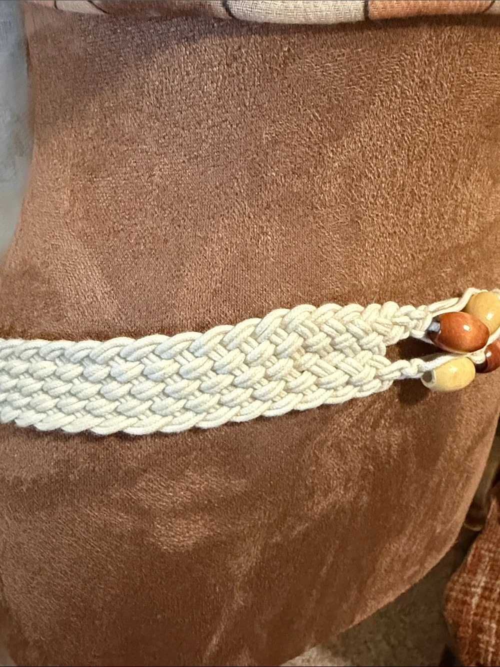 Macramé Fringe Tie Belt with Wooden Bead Detail — Cream and Brown